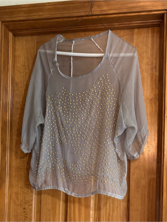 Tops - Sheer Gray Studded Women's Blouse - Lightweight Layering Top
